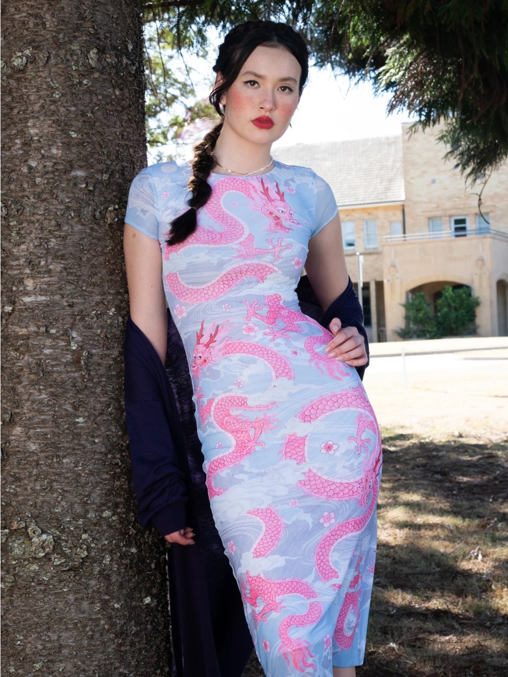 Blackmilk Light Blue & Pink Dragon Midi Dress